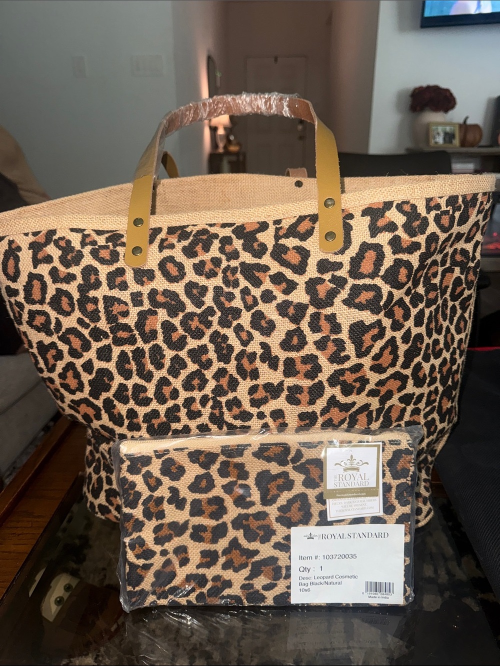 Leopard Print Tote Bag with Matching Pouch - Brown/Black